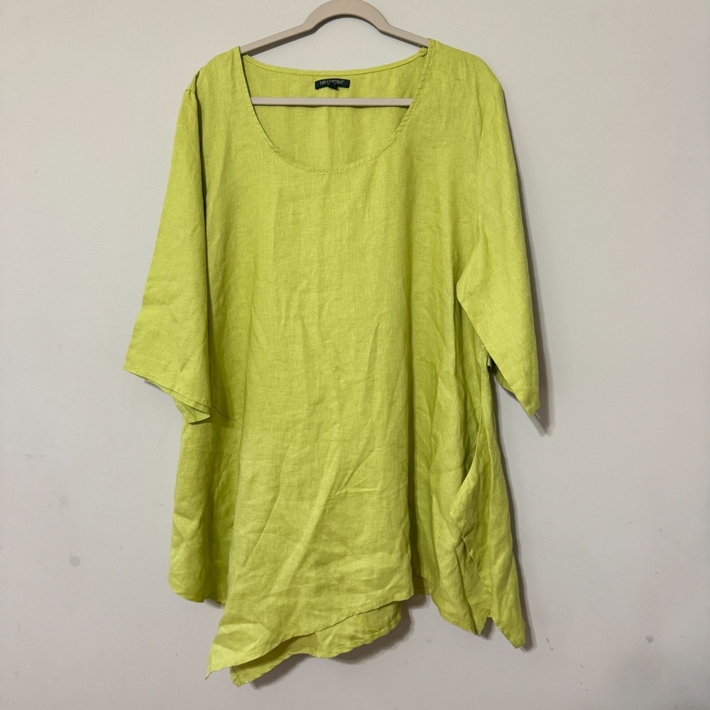 For Cynthia Linen Top Woman 1X Lime Tunic Pockets Long Sleeve Coastal Casual